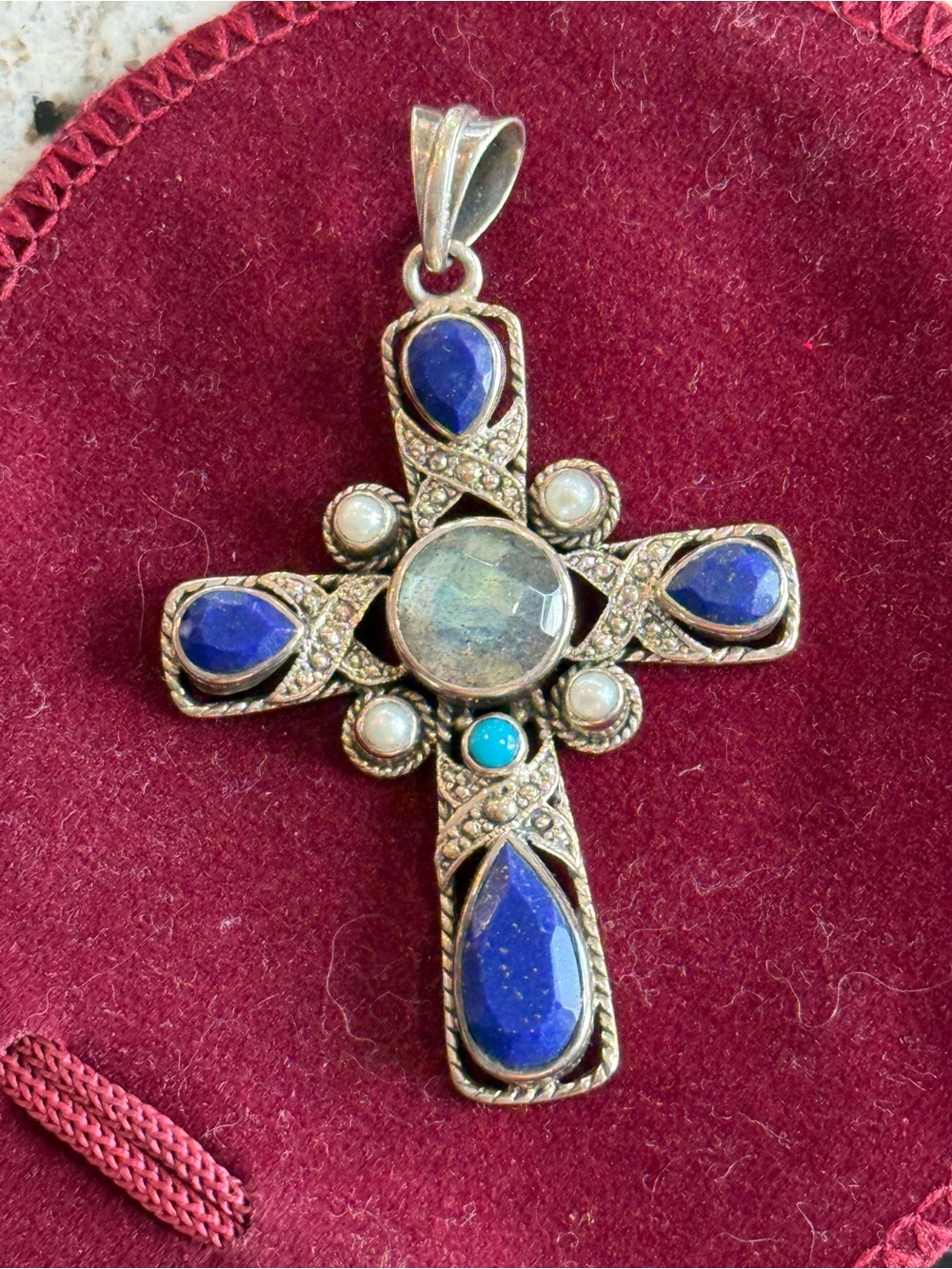 Nicky Butler Sterling 925 Cross Pendant w/ Lapis, Labradorite, Turquoise, Pearl